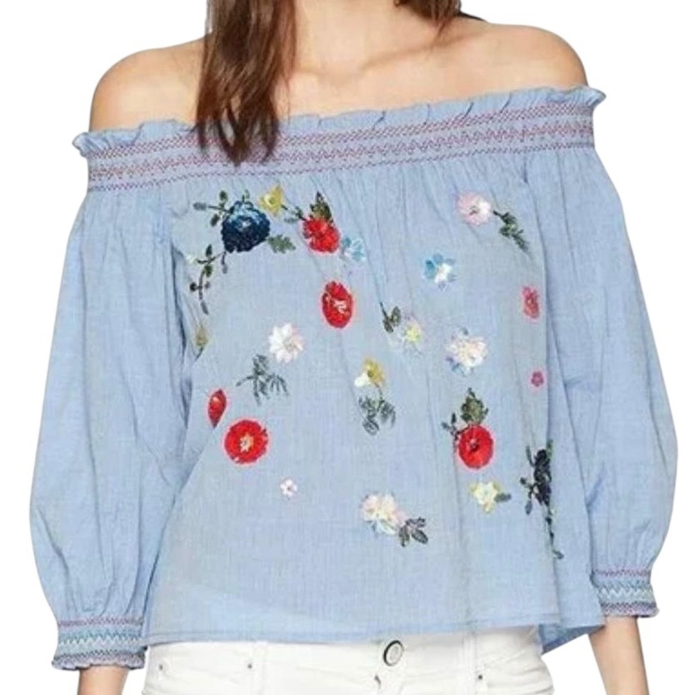 Joie Red and Blue Embellished Puff Sleeve Blouse